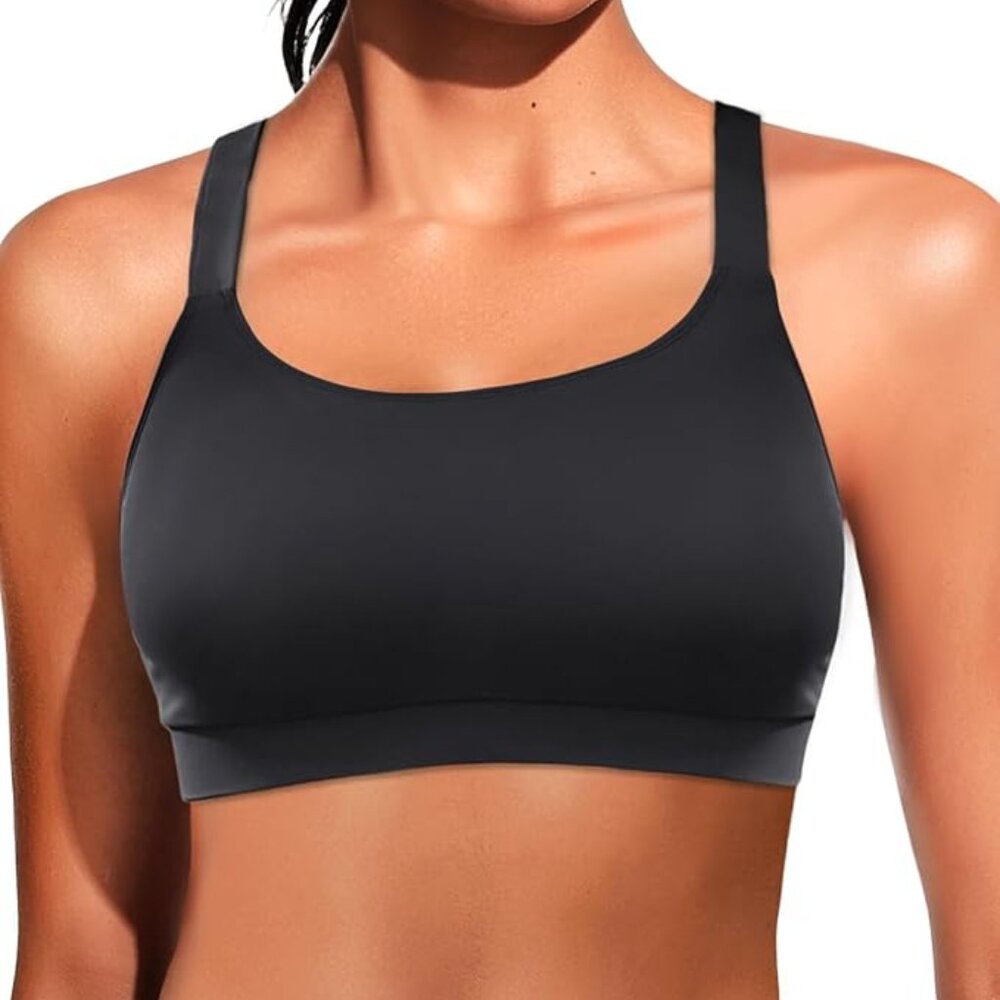 Women Sports Bra Swim Top - Black Scoop Neck Size XL